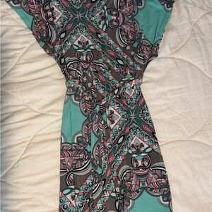 Jennifer Lopez Teal and Pink Geometric Maxi Dress